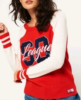 Superdry Mujer SD Varsity Tejido Suéter Talla M Rojo/Blanco roto/Azul Preppy  Foto 1 de 4