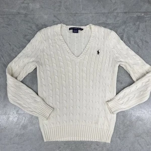 Vtg Polo Ralph Lauren Sports Women's L White Cable-Knit Cotton V-Neck Sweater - Picture 1 of 6