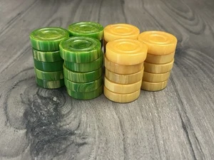 30 Vtg Bakelite Bullseye Backgammon Checkers Emerald Green Butterscotch Marbled - Picture 1 of 7