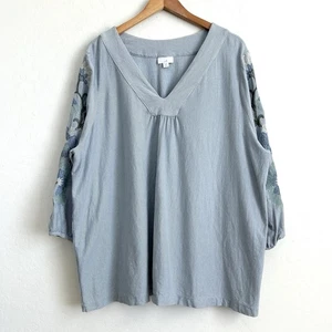 J Jill Top Plus Size 3X Blouse Cotton Stripes Floral Embroidery Blue White - Picture 1 of 10