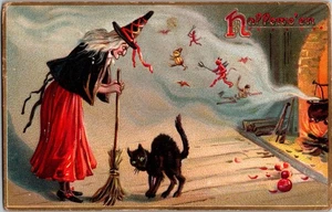Cartolina antica Halloween Tuck strega diavoli gatto nero #158 Jo5 - Foto 1 di 2