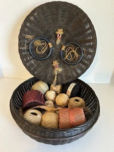 Antique Sewing Basket 2 Glass Bangle Rings 10x4”FILLED W Vtg.Embroidery Thread - Picture 1 of 6