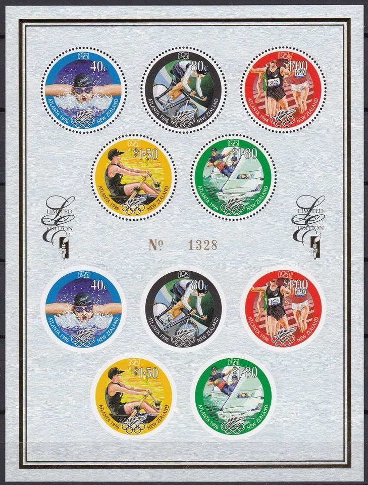 新西兰 1996 年奥运会,亚特兰大,限量版微型床单全新邮票 — 第 1/1 张图片