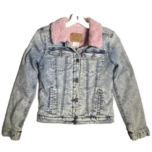 Levis Acid Washed Denim Jean Jacket Pink Sherpa Lining Girls Large 13-14Y - Picture 1 of 5
