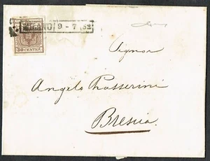 Italy 1852 Lombardy Venetia 30c Brown 'MILANO 9-7-52' b/s 'BRESCIA/10/7' FU - Picture 1 of 2