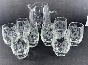 Vintage LIBBEY ROCK SHARPE FLORAL ETCHED ELEGANT 8 Cocktail Glasses Pitcher MCM - Picture 1 of 12