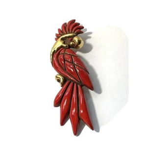 Vintage Handcrafted Godfrey Houston RED PARROT PIN Carved Ceramic GOLD Bird - Picture 1 of 11