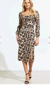 Sosandar Leopard Print Bodycon Satin Midi Dress Sz 8 Ruched Neckline Split VGC  - Picture 1 of 14
