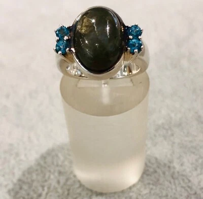 925/- Silberring mit grünen Labradorit , blauen Zirkonia, Ringgröße 56 - Bild 1 von 2