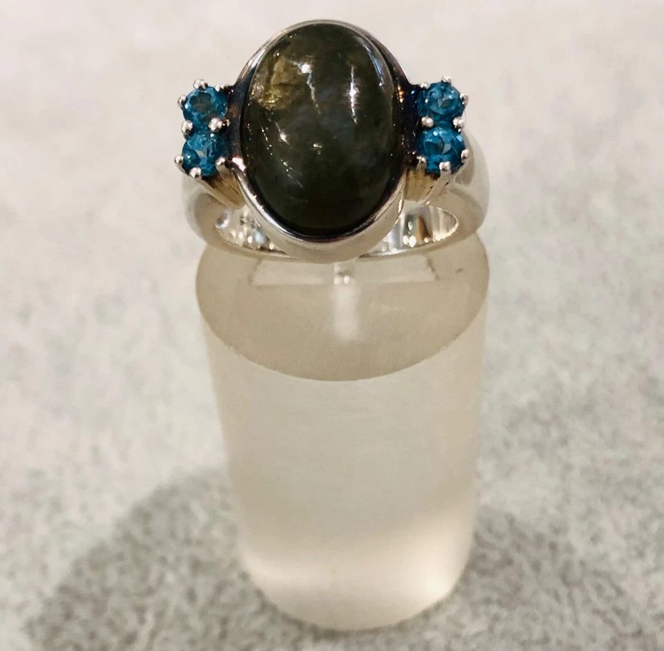 925/- Silberring mit grünen Labradorit , blauen Zirkonia, Ringgröße 56 - Bild 1 von 2