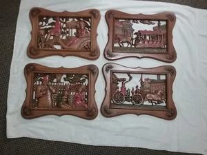 Vintage BURWOOD Wall Plaque 70s Carved Faux Wood Art  [SET OF 4] - Picture 1 of 5