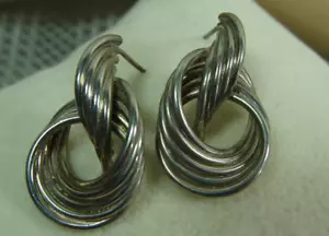 Vtg Sterling Silver Minimalist Twisted Tube Layer Double Hoop Modernist Earrings - Picture 1 of 22