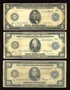Set of 1914 $5 $10 $20 Blue seal Federal Reserve Notes Large Size - Picture 1 of 2