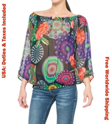 Desigual Womens Multicolor On-Off Shoulder Smocked Translucent Top Blouse Size L - Image 1 of 4