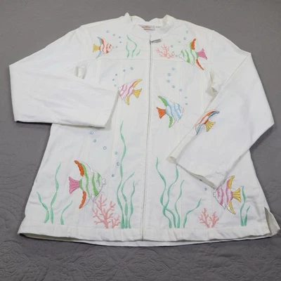 Quaker Factory Denim Jacket Womens Large White Embroidered Fish Rhinestones VTG - Image 1 of 4