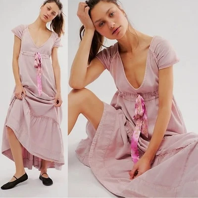 Free People Roucha Denim Maxi Dress Pink Pale Mauve Retro 70s Dainty Medium - Image 1 of 4