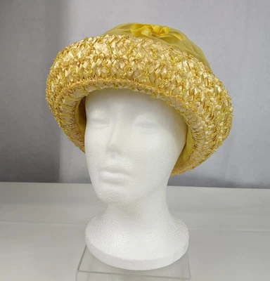 Chapéu caixa de pílulas de tecido amarelo antigo com babados de arco feito em união boné igreja formal - Imagem 1 de 4