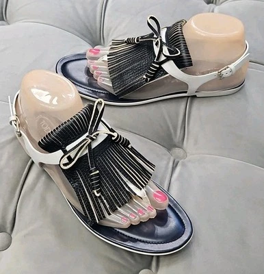 Sandalias Tod's Azul Blanco Cuero Flecos Tanga Zapatos para Mujer 39.5 9.5 Foto 1 de 4