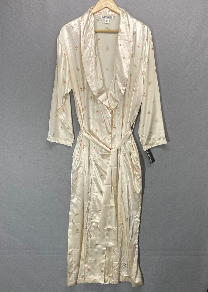 Bata De Colección Calvin Klein Mediana Marfil Floral Satén Larga Hecha en EE. UU. Foto 1 de 4