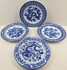 4 Pc Bombay Asian Garden Salad Plates Set Dragon Floral Blue & White Dishes Lot - Picture 1 of 24