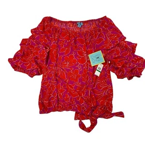 NEW CeCe Off the Shoulders Ruffled Sleeve Boho Blouse Top Size Large Pink Orange - Picture 1 of 10