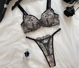 Women Sexy Bra Thong Set Lace Lingerie Floral Black Mesh Intimate See Through - Picture 1 of 7