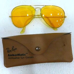 Vintage Bausch & Lomb Ray Ban Ambermatic Yellow All Weather Aviator Sunglasses