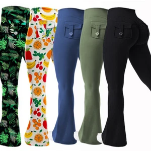 Women's Scrunch Butt Lift Cargo Flare Leggings Nudity V Back Bootcut Yoga Pants - Picture 1 of 29