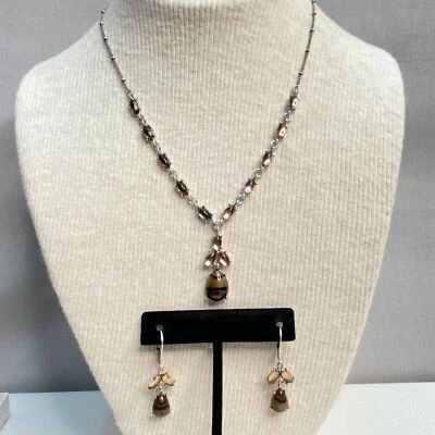 Ожерелье Avon серьги Demi Parure центральный коричневый золотой овальный камни серебряная цепочка - Изображение 1 из 4