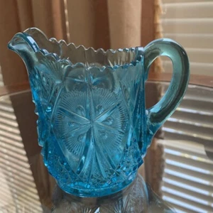 Vintage Kemple Aqua Blau Yutec Fächer Stern Pressglas Milchkännchen Krug Sägezahnrand - Bild 1 von 15