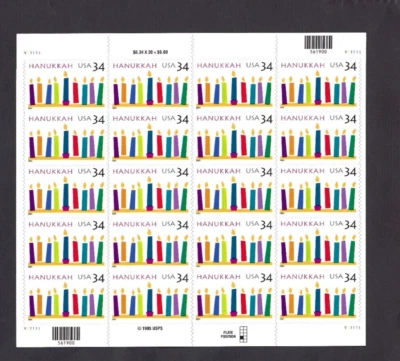 US Scott# 3547 2001 34c Booklet Pane of 20 Hanukkah V11111 LLM MNH VF - Image 1 of 2