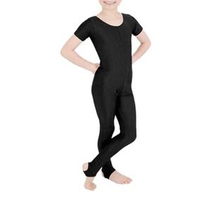 Girls Shiny Nylon Short Sleeves Kids stirrup foot Dance Gymnastics Catsuit - Picture 1 of 12