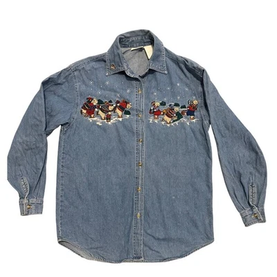 Camisa de mezclilla de Navidad Bobbie Brooks con botones bordados osos manga larga para mujer Foto 1 de 4