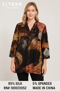Citron Santa Monica Tunic Top 1X Silk Blend Asian Print Artwear Boho R.$150 EUC - Picture 1 of 5