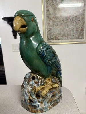 Antique Chinese Turquoise Glazed Ceramic/Porcelain Hand Painted Parrot 13”T - Image 1 of 4
