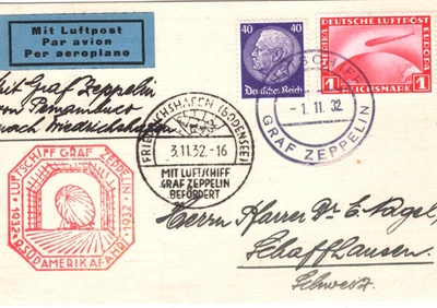 GERMANY An Bord Card ZEPPELIN 1m Air *9.SÜDAMERIKAFAHRT* 1932 Switzerland KZ271 - Image 1 of 4