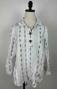 Camisa Ali Miles para mujer mediana mezcla de lino rayas geométricas manga lengüeta enrollable boho - Imagen 1 de 12