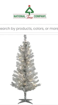  Pre-Lit Artificial Christmas Tree, 4ft Slim Tinsel Christmas Tree with Silver - Image 1 of 4