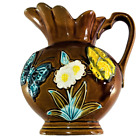 Vintage Brown Floral Glazed Cream Pitcher With Handle made in Japan 2 Sided