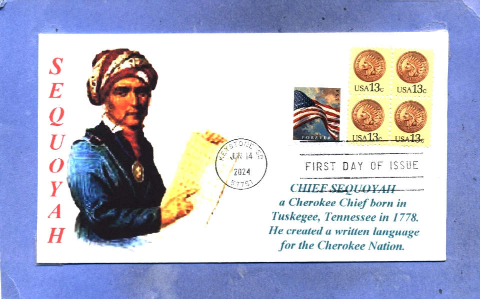CHIEF SEQUOYAH Cherokee Tribe, Color Portrait Cachet Cover Flag First Day PM - Image 1 of 1