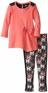 NEW Allen Schwartz Baby Girls Lily 2-Pc Leggings Outfit Set Coral Bows 12 Months - Picture 1 of 2