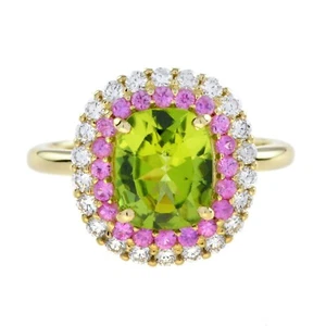 14K Yellow Gold Natural Peridot and Pink Sapphire Diamond Halo Ring - Picture 1 of 11