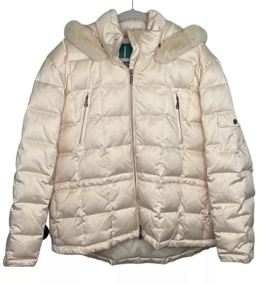 Larry Levine Down Hooded Coat Ivory Quilted Fur Lined Hood - Image 1 of 4