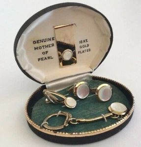 Cufflinks Tie Clasp Money Clip Keychain 18k GP MOP Boxed Set Mother of Pearl Vtg - Photo 1 sur 10