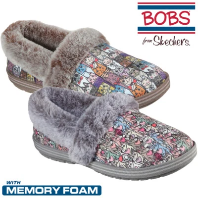 Skechers Womens Slippers Too Cozy Dog Cat Multi Faux Fur Memory Foam Shoes - Image 1 of 4