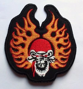 SKULL WITH FLAMING WINGS - SEW OR IRON ON BIKER MOTORCYCLE PATCH 79mm x 90mm - Picture 1 of 1