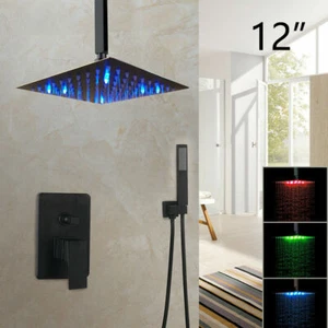 Matte Black LED Shower Faucet Set Rainfall Head Hand Held Spray Mixer Valve Tap - Picture 1 of 10