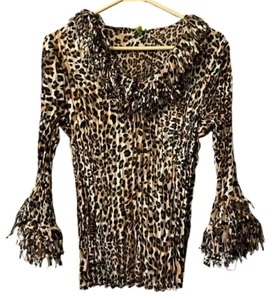 Agora Women Cheetah Print Top Colorful Long Sleeve Fringe V-Neck Pleated Size M - Picture 1 of 10