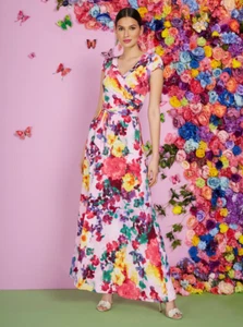 NEW YORK & COMPANY Stretch-Maxikleid lebendig Blumendruck Wickeloptik vorne Größe M neu mit Etikett - Bild 1 von 6