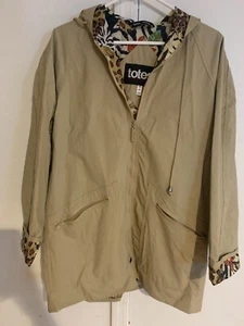 Totes Rain Coat Women Tan Floral Lined Hoodie Pockets Zip Drawstring Size Small - Picture 1 of 3